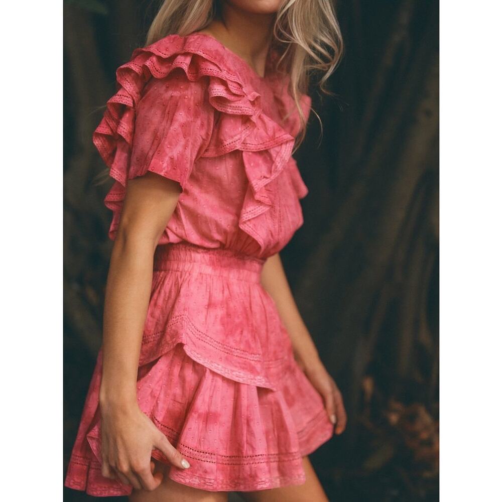 LoveShackFancy Natasha Dress Bordeaux Hand Dye‎ Pink Ruffle Tiered Mini Sz L